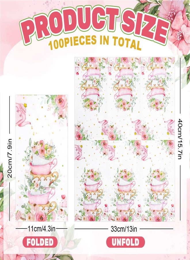 Whaline 100Pcs Tea Party Guest Napkins Floral Teacup Disposable Napkins Flower Tea Cup Dinner Hand Towel Paper Napkins for Bathroom Wedding Baby Shower Party Table Decor Supplies - Image 2